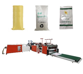 Fully automatic woven bag cutting and sewing machine in operation